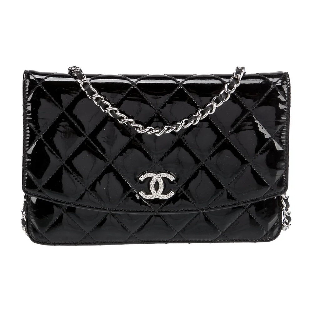 CHANEL Black Patent Crossbody Bag with Quilted Design